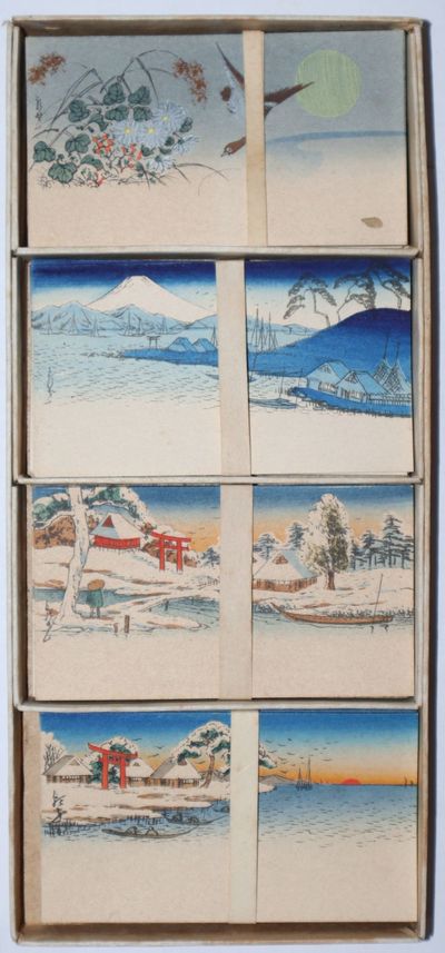 Box of Eighty Place Cards, with four different sets, each set with a small reproduction of a Hiroshiga woodblock scene on one side, the other side, blank for a name to be written