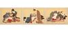 Picture scroll, entitled on label on outside of front silk-brocade endpaper “Shunsho no mutsu hana” [“Flowering Intimate Moments at Dusk”], with 12 erotic paintings on silk panels (each ca. 245 x 342 mm.) & pasted on gold-speckled paper, with ample use of metallic pigments & paint made from ground-up seashells