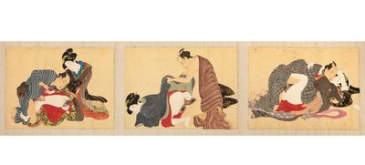 Picture scroll, entitled on label on outside of front silk-brocade endpaper “Shunsho no mutsu hana” [“Flowering Intimate Moments at Dusk”], with 12 erotic paintings on silk panels (each ca. 245 x 342 mm.) & pasted on gold-speckled paper, with ample use of metallic pigments & paint made from ground-up seashells
