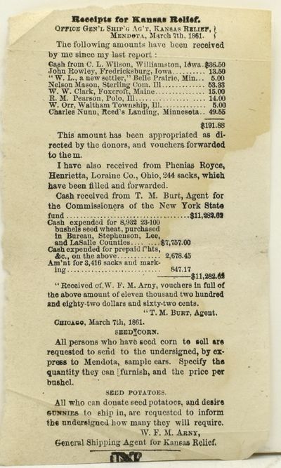 [AMERICANA] [KANSAS] [SMALL BROADSIDE] RECEIPTS FOR KANSAS RELIEF