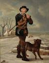 Original Period Early 19th Century Oil on Canvas Painting 'The Woodman' A man carrying an axe under one arm whilst smoking a pipe, his dog beside him as they walk down a snowy path