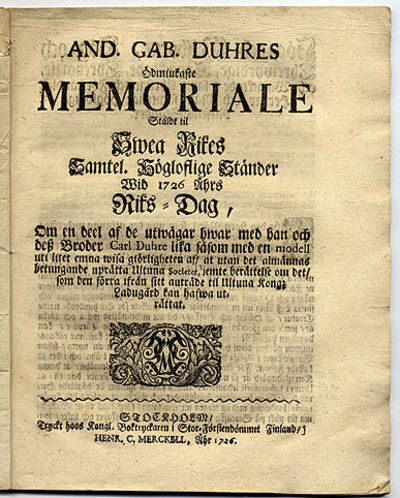Ödmiukaste memoriale stäldt til Swea rikes…