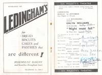 image of Programme for "Night Must Fall" signed by Williams and the cast (Emlyn, 1905-1987, Actor and Playwright), Ben WEBSTER (1864-1947, Actor), his wife Dame May WHITTY (1865-1948, Stage and Film Actress), Angela BADDELEY (1904-1976, Character Actress, Sister of Hermione Baddeley), Michaeal SHEPLEY (1907-1961, Actor), Freda JACKSON (1907-1990, Actress), Doris HARE (1905-2000, Actress, Singer, Dancer and Comedian), Betty JARDINE (1903-1945, Actress) and Matthew BOULTON (1893-1962, Actor)