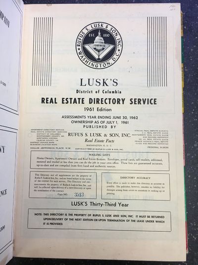 Washington, DC: Rufus S. Lusk & Son, Inc, 1961. folio, 365pp.; VG-; 1/4 bound with maroon cloth spin...