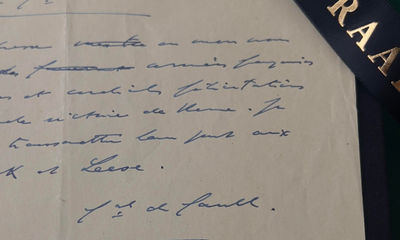 Charles DeGaulle, Leader of the Free French, Sends the Gratitude of the French People to Allied Commander in Italy General Harold Alexander on the Taking of Rome