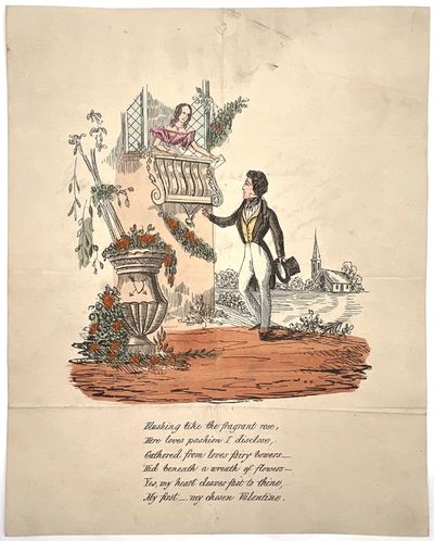 Blushing like the Fragrant Rose" Fine 4to-sized Hand-colored Early 19th-cent. Valentine