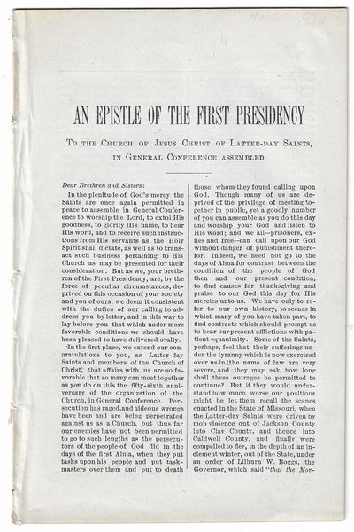 An Epistle of the First Presidency: To the Church of Jesus Christ of Latter-day Saints, in General Conference Assembled. Read April 6, 1886, at the fifty-sixth general annual conference, held at Provo, Utah