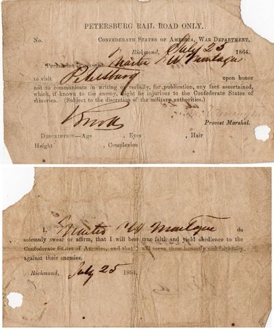 [CIVIL WAR] [CONFEDERATE PASS] PETERSBURG RAIL ROAD ONLY