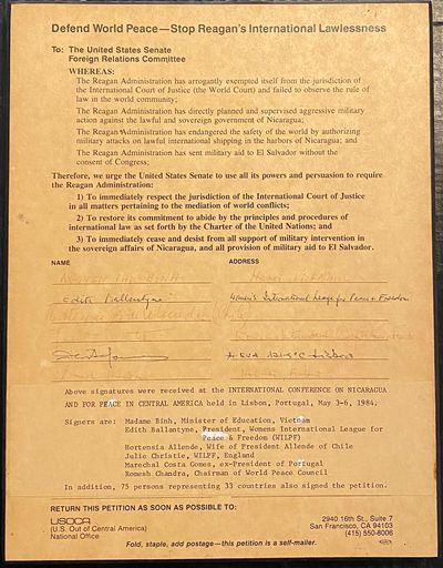 Defend world peace - Stop Reagan's international lawlessness [petition signed by Madame Binh, Edith Ballantyne, Hortensia Allende, Julie Christie, Marechal Costa Gomez, and Romesh Chandra]