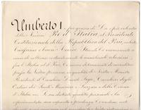 image of Finely penned Document signed, in Italian with translation, to the President of Peru, (1844-1900, from 1878 King of Italy)