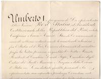 Finely penned Document signed, in Italian with translation, to the President of Peru, (1844-1900, from 1878 King of Italy)