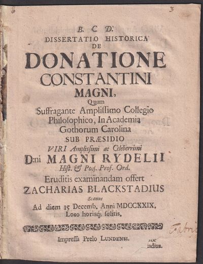 Dissertatio historica de donatione Constantini…