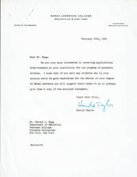 image of TYPED LETTER TO EDUCATOR HAROLD RUGG OF COLUMBIA TEACHERS COLLEGE SIGNED BY HAROLD TAYLOR, PRESIDENT OF SARAH LAWRENCE COLLEGE. Together with a carbon copy of Rugg's reply.