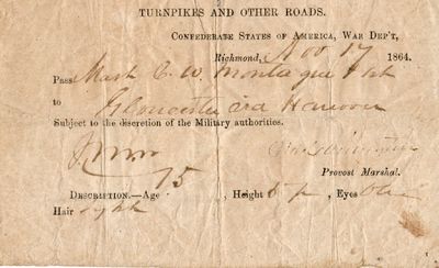 [CIVIL WAR] [CONFEDERATE PASS] TURNPIKES AND OTHER ROADS