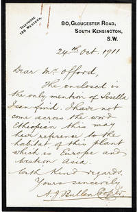 AUTOGRAPH LETTER ANSWERING A QUESTION ABOUT A PLANT SIGNED BY CHEMIST ALBERT JOHN BULLEN COOPER. by Cooper, Albert John Bullen. Chemist who was a dealer in Peptenzyme, a drug used for disorders of the digestive function - 1911.