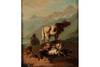 Original Period Early 19th Century Oil on Canvas Painting An Alpine scene depicting figures and animals beside mountainous lake.