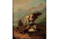 Original Period Early 19th Century Oil on Canvas Painting An Alpine scene depicting figures and animals beside mountainous lake. by CONTINENTAL SCHOOL - from The Antique Map & Bookshop (SKU: 81442)