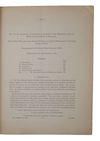 On the Association of Attributes in Statistics: with Illustrations from the Material of the Childhood Society, &c. (Offprint from: Philosophical Transactions of the Royal Society of London. Series A, Vol. 194, pp.257-319). (photo 2)
