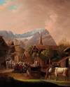 Original Period Early 19th Century Oil on Board Painting An Alpine scene with figures and animals gathered around the town pump, mountains beyond