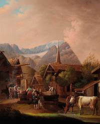 Original Period Early 19th Century Oil on Board Painting An Alpine scene with figures and animals gathered around the town pump, mountains beyond by CONTINENTAL SCHOOL - from The Antique Map & Bookshop (SKU: 81441)