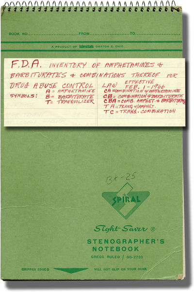 N.p.: N.p., 1966. Notebook belonging to an unknown pharmacist detailing the pharmacy's on hand stock...