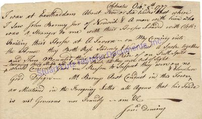 Connecticut Resident Jonathan Deming Writes Letter About The Suspicious Activities Of Fellow Resident: My Coming Into The House They Both Rose Sudenly [Sic] & Went Out & Spoke Together And Then Mounted Their Horses & Rode Of