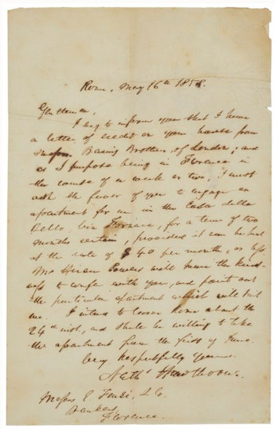 Rome, 16 May 1858. Letter. Small loss at top right corner with mild toning; a few ink smudges; folds...