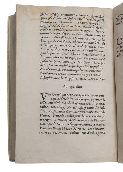 Histoire florentine de Nicolas Machiavel citoien et Secretaire de Florence. Nouvellement traduicte d'Italien en Francois, Par le Seigneur de Brinon Gentil-homme ordinaire de la chambre du Roy. - [FIRST FRENCH TRANSLATION OF MACHIAVELLI'S 'FLORENTINE HISTORIES'] (photo 6)