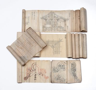 A group of nine related illustrated scrolls on paper, all concerned with the joinery & architecture for shrines and temples (miyadaiku 宮大工)