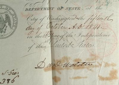 1841. . AN AMERICAN PASSPORT SIGNED BY DANIEL WEBSTER AND EDWARD EVERETT, CA. 1841. Red leather fold...