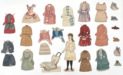 Handmade 4.75" Paper Doll -- Young Lady with Over a Dozen Outfits, Hats, and Baby in Pram