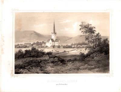 Litografi av “Ringsager Kirke paa Hedemarken”,…