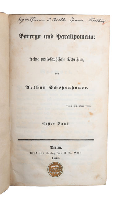 Parerga und Paralipomena. 2 vols.   - [SCHOPENHAUER'S MOST INFLUENTIAL WORK, HIS FINAL MASTERPIECE THAT CATAPULTED HIM INTO FAME] (photo 2)