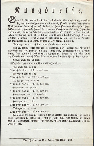 Kungörelse. [Incipit:] Som till nödig controll…
