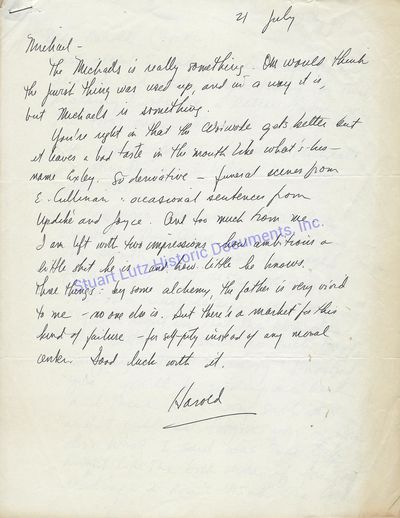 Author Harold Brodkey Writes Letter Critiquing A Larry Woiwode Novel: There Is A Market For His Kind Of Failure