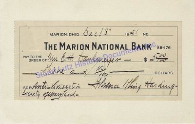 Check From First Lady Florence Harding For Animal Rights