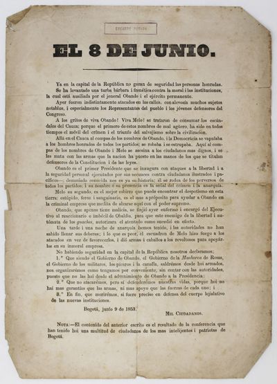 El 8 de Junio. Ya en la Capital de la Republica no Gozan de Seguridad las Personas Honradas [caption title and first line of text]