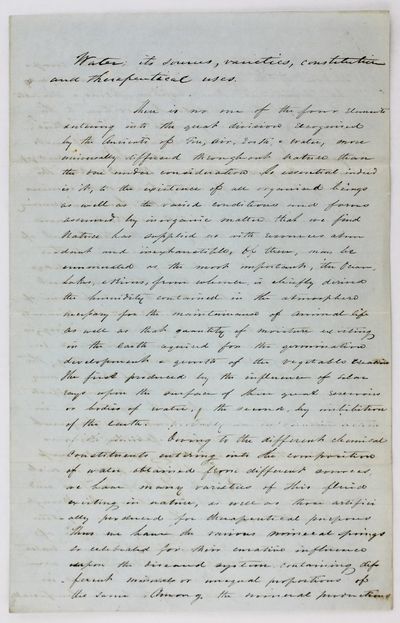 Water; Its Sources, Varieties, Constitution and Therapeutical Uses [manuscript caption title]