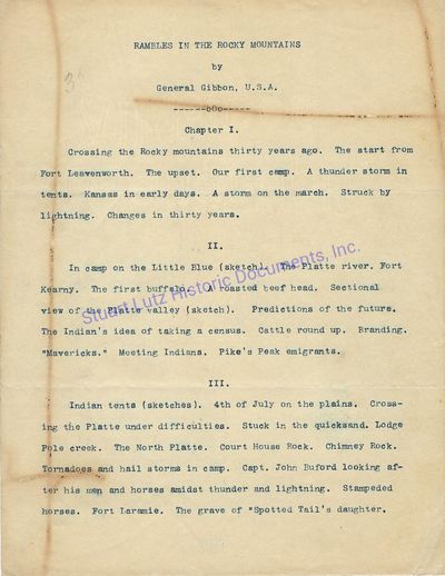 Major General John Gibbon Typescript For His Published Work Rambles In The Rocky Mountains