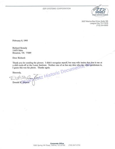 Astronaut Deke Slayton Signed Letter About Chili Cook-Off