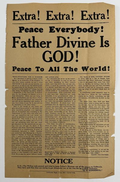 Extra! Extra! Extra! Peace Everybody! Father Divine Is God! Peace to All the World! [caption title]
