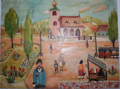 Balkans (Greece, Serbia, Croatia,...?), 1950. Fine. A charming naive painting of a small town square...
