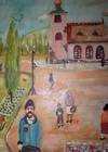 View Image 2 of 7 for  Oil Painting on Board of a Rural Balkan Village Square with a Few Vendor Stalls and People Here and... Inventory #20214