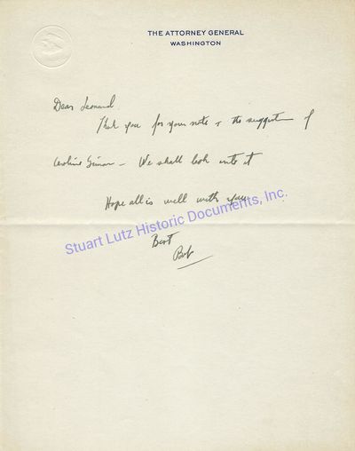 Robert F. Kennedy Rare Handwritten Letter As Attorney General