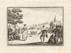 Etching of a 17th century couple dancing with a group of musicians performing in the right foreground, a small group of people dancing in the round in the middleground, a church and other buildings in the background. Ca. 1800, after Callot