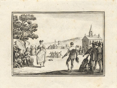 Etching of a 17th century couple dancing with a group of musicians performing in the right foreground, a small group of people dancing in the round in the middleground, a church and other buildings in the background. Ca. 1800, after Callot
