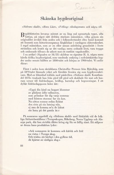 Skånska bygdeoriginal. ”Södrans skald”, ”Hans…