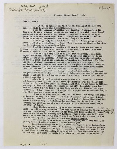 [Typed Letter, Signed, Written to Missionary Friends, Reporting on Travels in China, Including Visits to Hospitals]