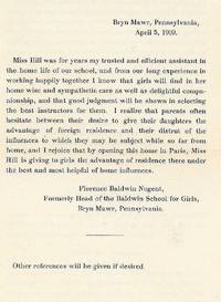 Circular Announcing Girls Summer Home in Paris, France for Baldwin School for Girls, Bryn Mawr PA