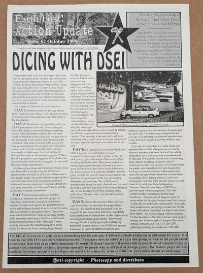 Earth First! Action Update. Issue 62. October 1999. The Monthly Round up of Ecological, and Other, Direct Action from Around Britain